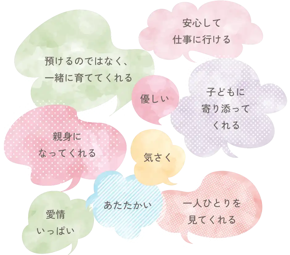 保護者の声を吹き出しで表現したイラスト|『愛情いっぱい』『安心できる』『子どもに寄り添う』などの言葉が並ぶ